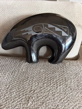 Black Polished Bear Sculpture with Etched Design